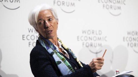 La presidenta del BCE, Christine Lagarde, durante su intervención en el foro de Davos. EFE/EPA/LAURENT GILLIERON