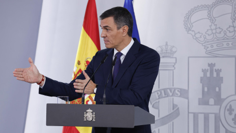 El presidente del Gobierno, Pedro Sánchez, durante su comparecencia este lunes en Moncloa tras el Consejo de Ministros.