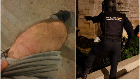 El periodista Fermín Grodira fue golpeado por un policía. A la derecha, un agente en la manifestación contra Mazón en València.