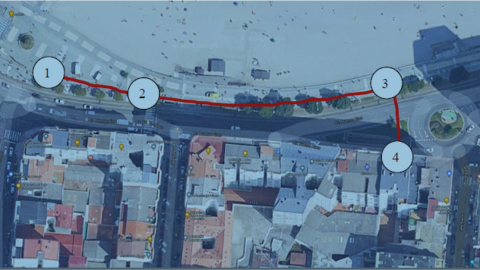 Mapa de situación elaborado por los investigadores del caso y exhibido en la vista oral con los tres puntos (1, 2 y 3) que señalan las zonas donde Samuel fue agredido, y el lugar donde cayó desplomado (4).