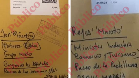 Los sobres de las cartas enviadas al diputado de Bildu Jon Iñárritu y a la ministra Reyes Maroto, escritos con la caligrafía de la misma persona.