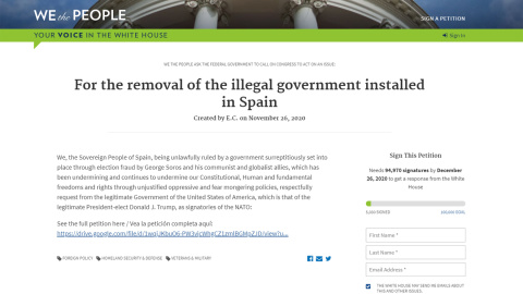 Portada de la petición a Trump "For the removal of the illegal government installed in Spain", registrada a través de la plataforma "We the People", que ya ha reunido más de 5.000 firmas.