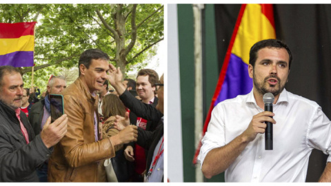 A la izquierda, Pedro Sánchez en el cementerio de Paterna durante la presentación de su propuesta para reformar la Ley de Memoria; a la derecha Alberto Garzón, líder de IU