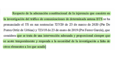 Extracto de la Sentencia 1/2023 donde recoge los requisitos que exige en Tribunal Supremo para que se practique una prueba de investigación del tráfico de las comunicaciones de determinada antena BTS