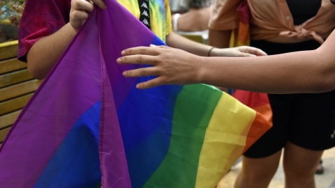 Dos chicos sostienen la bandera LGTBI durante una manifestación.