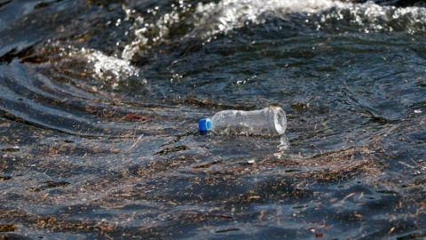 Una botella de plástico flota sobre las olas del mar.