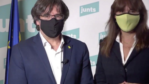 El expresidente de la Generalitat, Carles Puigdemont y la portavoz de JxCat en el Congreso de los Diputados, Laura Borràs.