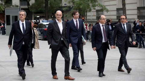 Los exconsellers Joaquín Forn, Raül Romeva, Jordi Turull y Josep Rull, a su llegada a la Audiencia para declarar. EFE/Kiko Huesca