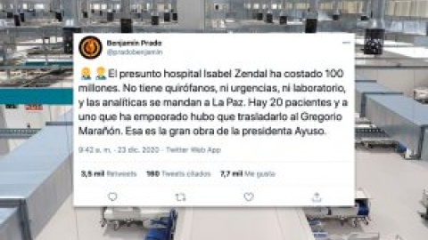 El despropósito del hospital Isabel Zendal, explicado en un tuit de Benjamín Prado