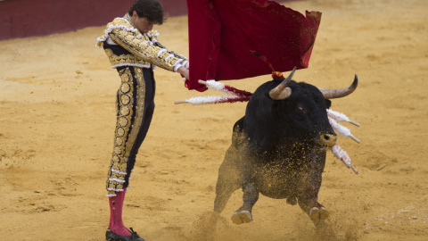 Un torero realiza un pase con muleta durante una corrida de toros en la plaza de toros de la Malagueta de Málaga el 21 de agosto de 2021.