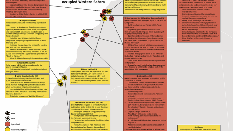 Mapa de los proyectos eólicos y solares de Marruecos en el Sáhara Occidental. En naranja, las plantas que ya están operativas. En Amarillo, las que están proyectadas para los próximos años.