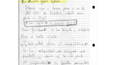 Anotaciones en uno de los cuadernos de trabajo incautados al equipo de Villarejo en el que se habla del Pequeño Nicolás