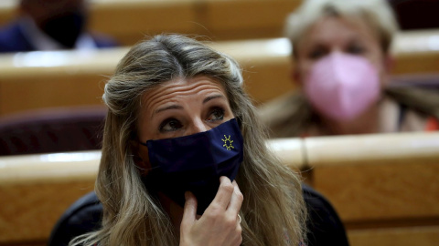 La vicepresidenta y ministra de Trabajo, Yolanda Díaz, durante la sesión de control al Gobierno en el pleno del Senado del pasado 13 de abril.