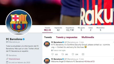 La cuenta de Twitter del FC Barcelona, durante el 'hackeo'.