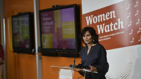 La ministra de Igualdad, Carmen Calvo, durante la clausura de ‘Women to Watch’. / EUROPA PRESS - Óscar del Pozo