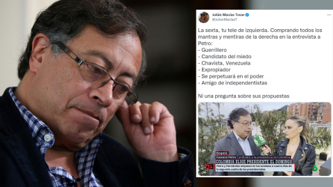 Imagen combinada de un tuit de Julián Macías y una imagen de Gustavo Petro. — Twitteer/  LUISA GONZALEZ / Reuters