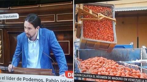 La imagen de la izquierda corresponde a Antena 3, que sí ha emitido en directo el discurso de Iglesias. La imagen corresponde a la emisión de La 1 durante la intervención de Iglesias.