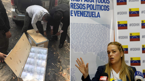 Agentes de la policía científica registran las cajas con dineros de la opositora Lilian Tintori (derecha)- AGENCIAS