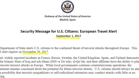 Última alerta terrorista de EEUU transmitida el 1 de septiembre a los ciudadanos norteamericanos por la embajada en España.