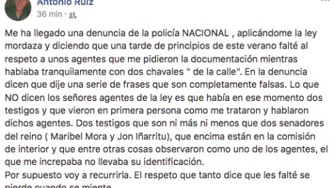 Post en Facebook del periodista Antonio Ruiz explicando lo sucedido