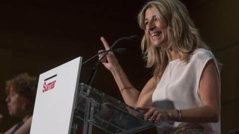 La candidata de Sumar a la Presidencia del Gobierno, Yolanda Díaz, durante un acto público con candidatos al Congreso y al Senado de la provincia de Toledo este domingo.