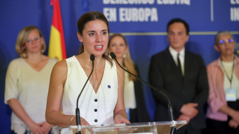 La ministra de Igualdad, Irene Montero, interviene durante el evento "Avanzando los derechos LGTBI en Europa, a 5 de julio de 2023.