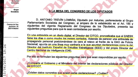 Encabezado de las preguntas del diputado Trevín sobre la afirmación de Olivera de que el Daesh iba a desaparecer pronto.