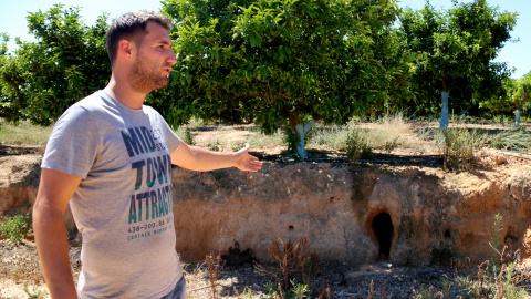 Òscar Navarro, pagès de la comarca del Montsià, s’ha arribat a trobar 200 forats provocats pels conills a la seva finca de cítrics. FOTO: Jordi Marsal