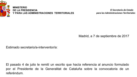 Encabezado de la carta del Ministerio de la Presidencia a los ayuntamientos catalanes.