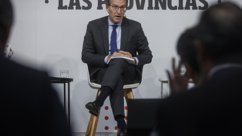 El presidente del Partido Popular, Alberto Núñez Feijóo, interviene durante el encuentro sobre Los Retos del Futuro del diario 'Las Provincias'.- Rober Solsona / Europa Press