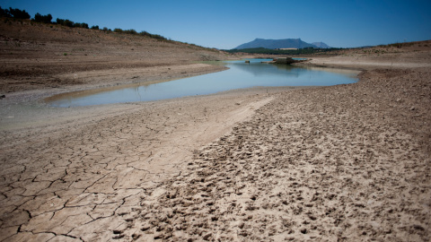 Los efectos de la sequía en la reserva de Guadalteba, en Málaga. AFP