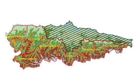 Mapa de las zonas de gestión del lobo en Asturias. La zona sombreada es el territorio donde se permite cazarlos libremente.