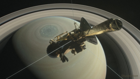 Ilustración de la nave Cassini de la NASA sobre el hemisferio norte de Saturno, dirigiéndose hacia su primera inmersión entre el planeta y sus anillos en abril de 2017. NASA/ JPL-Caltech