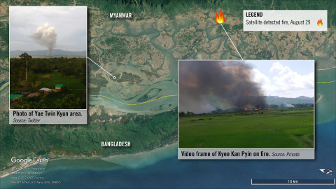 Gráfico de las imágenes por satélite de las zonas afectadas junto a las fotografías tomadas del mismo incendio. / Amnistía Interacional