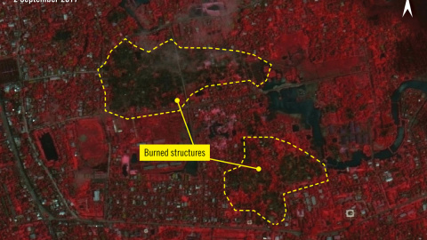 Imagen satétile de los incendios en Maungdaw, ciudad del estado de Rakhine, Myanmar. / Amnistía Internacional