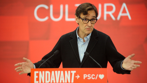 El líder del PSC, Salvador Illa, durante un mitin del PSC sobre la cultura en Barcelona, a 17 de julio de 2023.