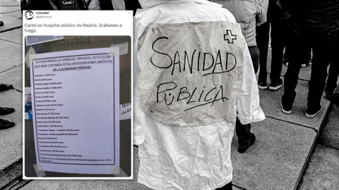 Imagen combinada de un tuit y una manifestación en defensa de la sanidad pública. — Twitter / Europa Press