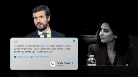 Imagen combinada de Pablo Casado, Isabel Díaz Ayuso y un tuit del PP. — Europa Press / Twitter / Tremending