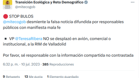 Tuit del Ministerio de Transición Ecológica que dice que Teresa Ribera no se desplazó en avión a Valladolid