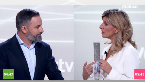 Los momentos más destacados de Yolanda Díaz y Pedro Sánchez frente a Santiago Abascal en el debate de RTVE