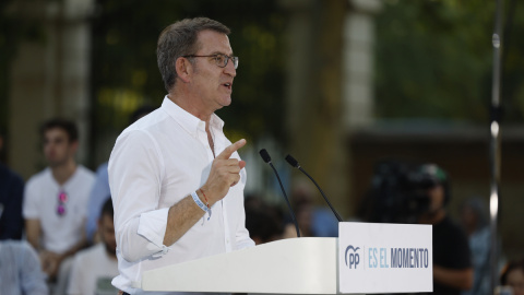 El candidato del PP a la presidencia del Gobierno, Alberto Núñez Feijóo, en un mitin de campaña en Madrid.