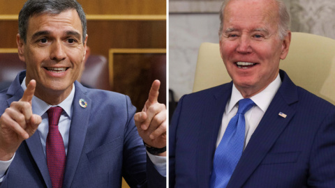 Un combo de fotos que recrea el posible saludo de Sánchez a Biden.