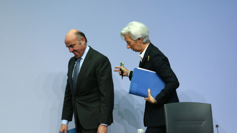 La presidenta y el vicepresidente del BCE, Christine Lagarde y Luis de Guindos, tras una comparecencia.