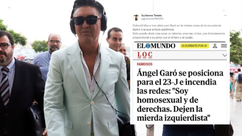 Collage con la respuesta de Willy Toledo a Ángel Garó en Twitter