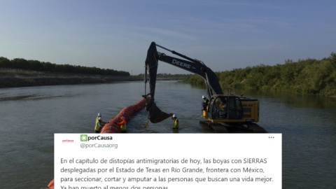 Collage con una imagen de las nuevas boyas con concertinas y la respuesta de la fundación Por Causa