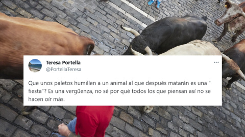 Un corredor junto a los toros durante el cuarto encierro de las fiestas de San Fermín 2023