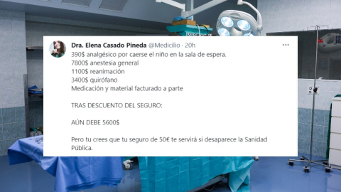 'Collage' con la imagen de un quirófano y la respuesta de Elena Casado en Twitter