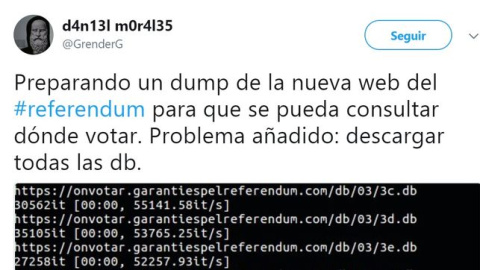 Mensaje en Twitter del joven detenido, con información sobre la forma de consultar la página web del referéndum de Catalunya.