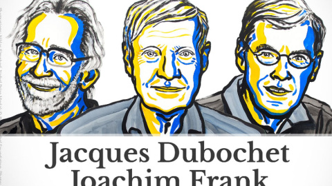 Jacques Dubochet, Joachim Frank y Richard Henderson, en una ilustración.