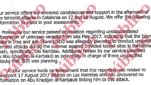 Primeros párrafos del informe de la inteligencia de EEUU sobre los atentados de Barcelona.